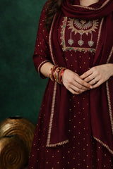 Wine Maroon Vichitra Silk Embroidered Stitched Suit Set