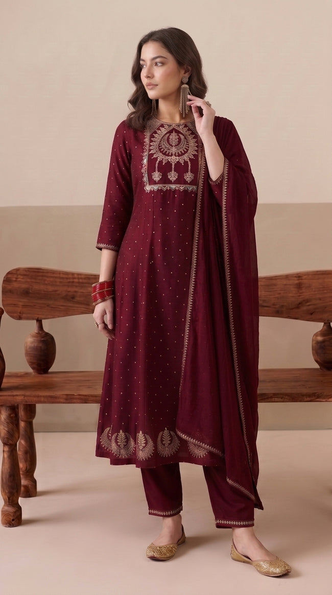 Wine Maroon Vichitra Silk Embroidered Stitched Suit Set