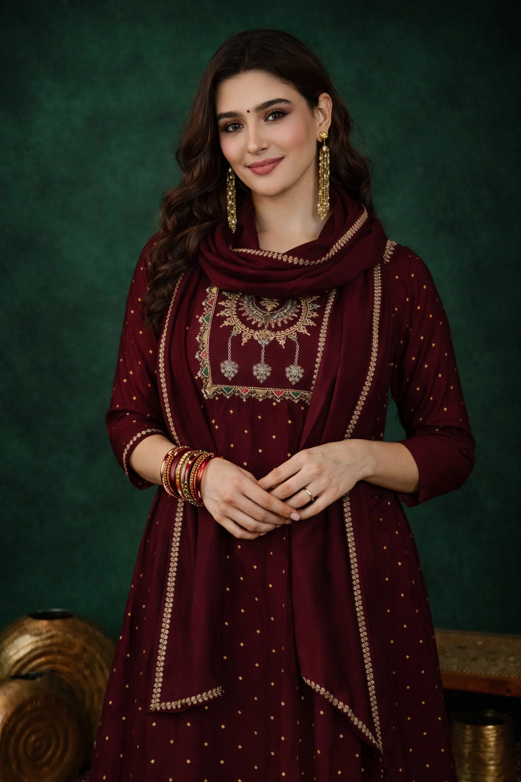 Wine Maroon Vichitra Silk Embroidered Stitched Suit Set