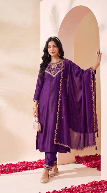 Purple Embroidered Silk Stitched Suit