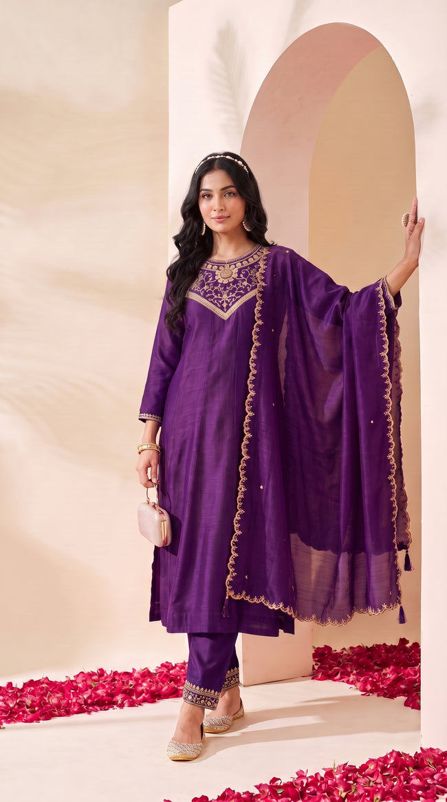 Purple Embroidered Silk Stitched Suit