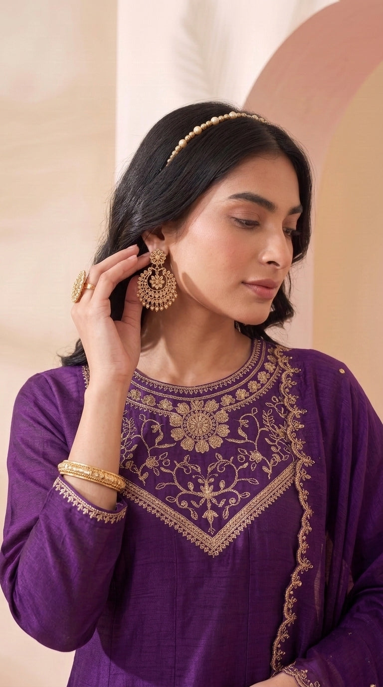 Purple Embroidered Silk Stitched Suit