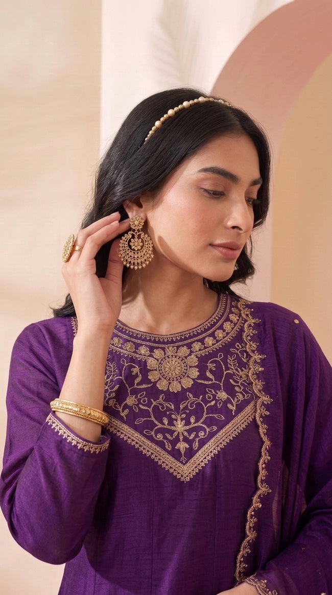 Purple Embroidered Silk Stitched Suit
