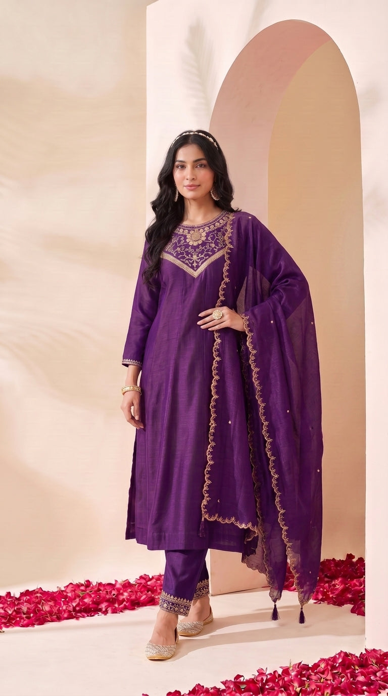Purple Embroidered Silk Stitched Suit