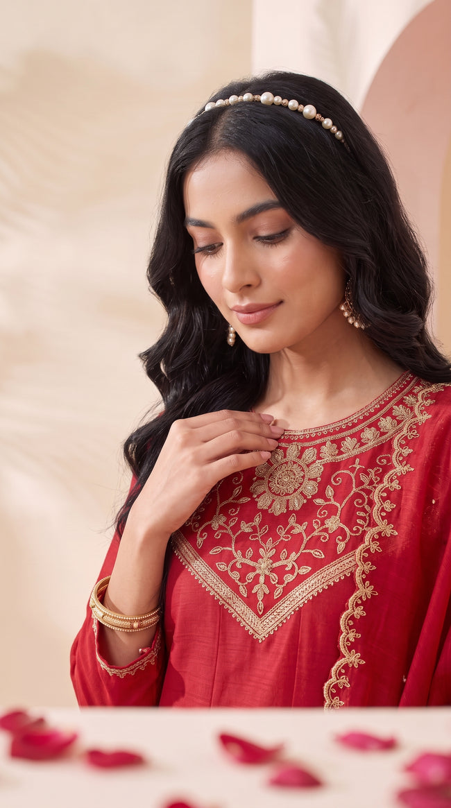 Cherry Red Embroidered Silk Stitched Suit