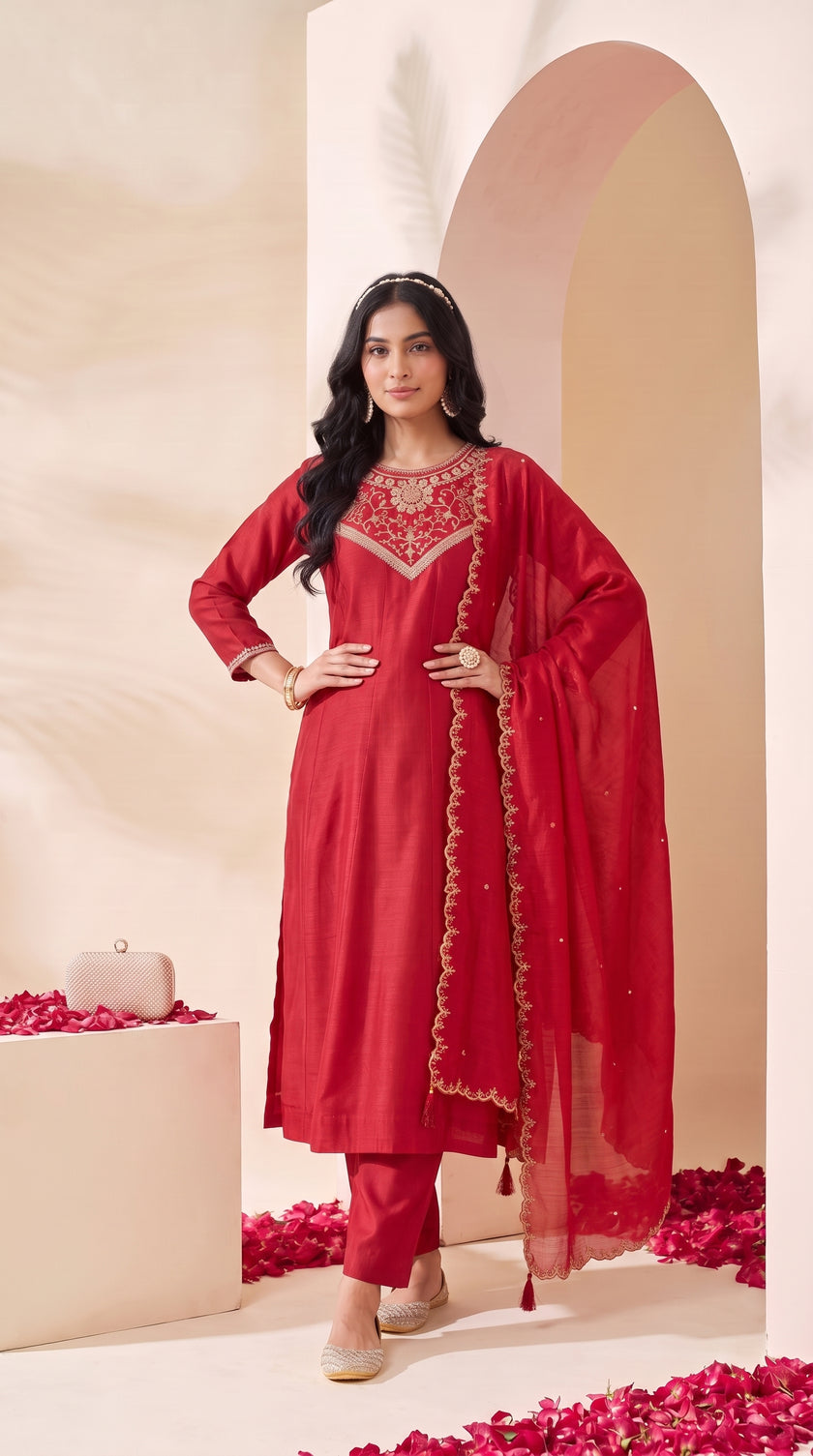 Cherry Red Embroidered Silk Stitched Suit