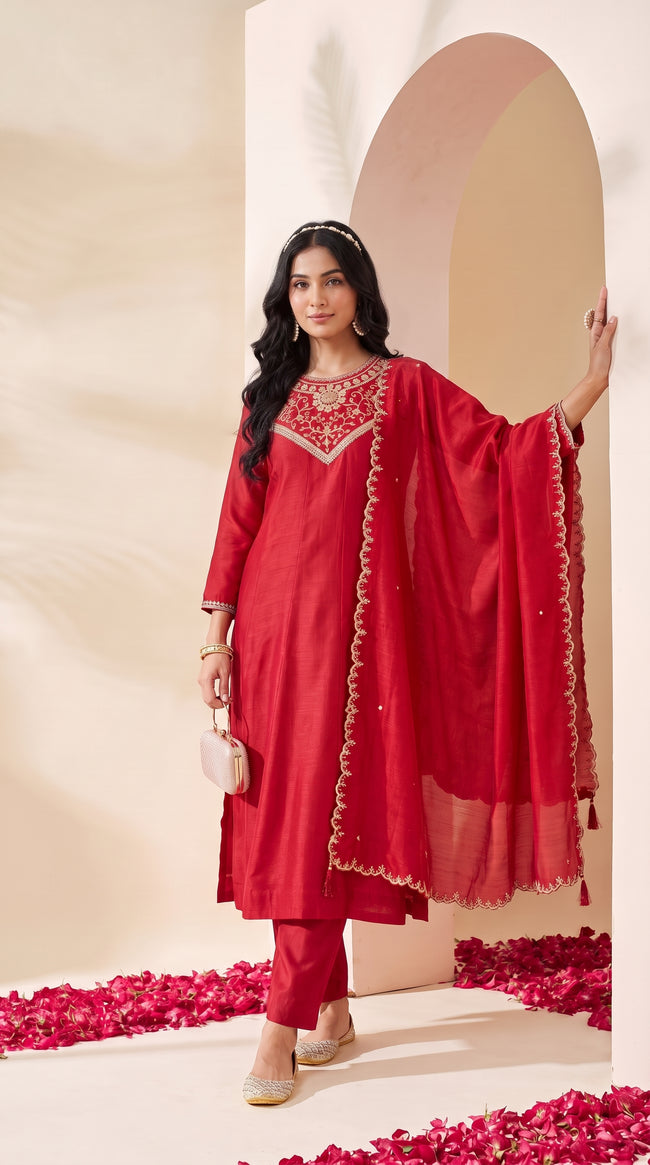 Cherry Red Embroidered Silk Stitched Suit