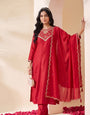 Cherry Red Embroidered Silk Stitched Suit