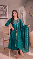 Teal Blue Gold Embroidery Silk Stitched Suit