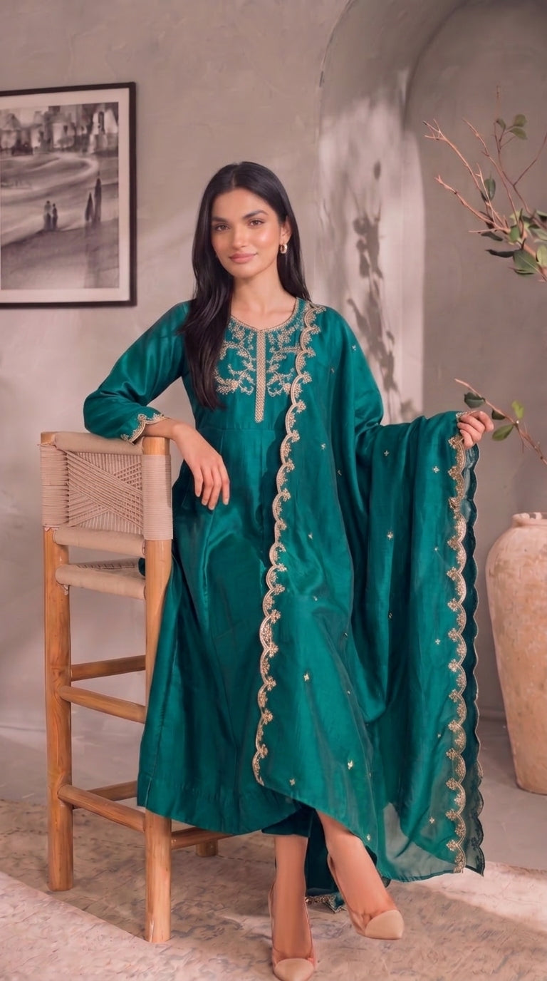 Teal Blue Gold Embroidery Silk Stitched Suit