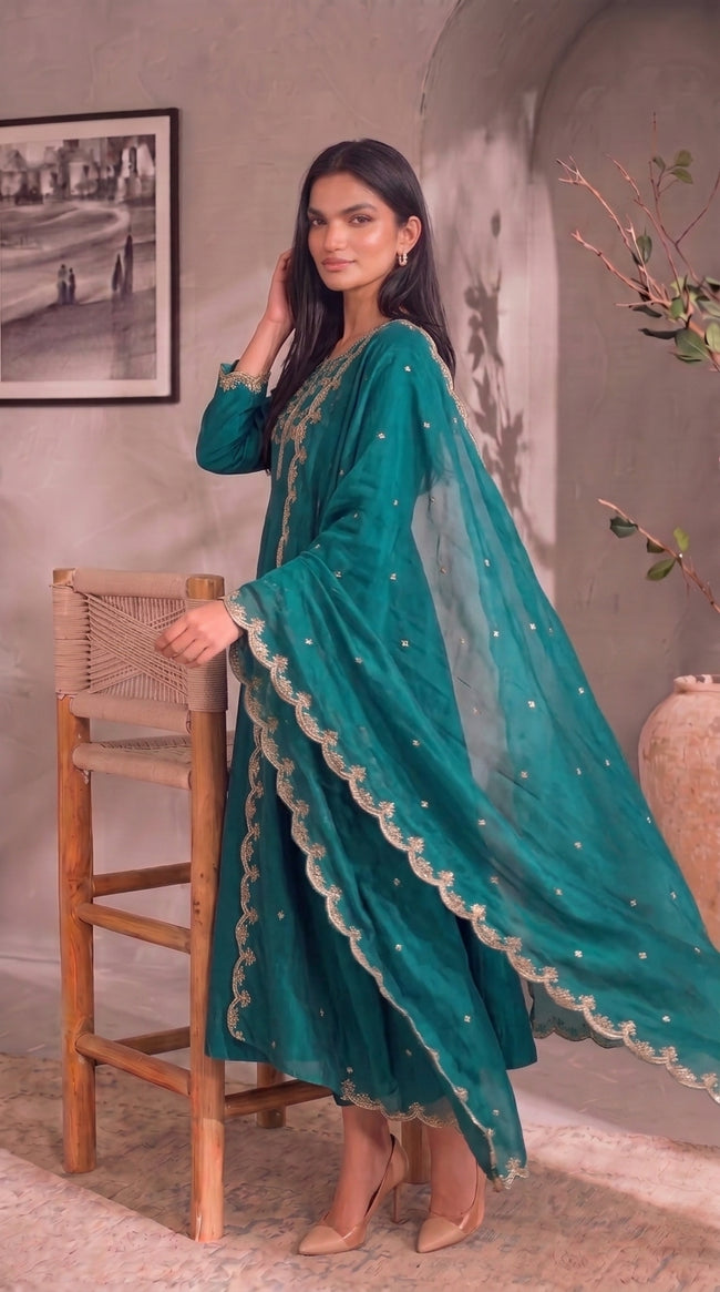Teal Blue Gold Embroidery Silk Stitched Suit