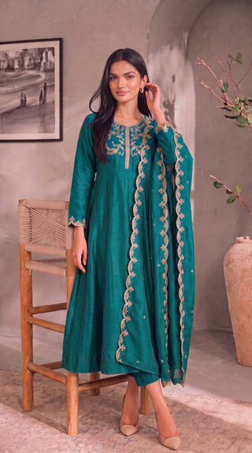 Teal Blue Gold Embroidery Silk Stitched Suit