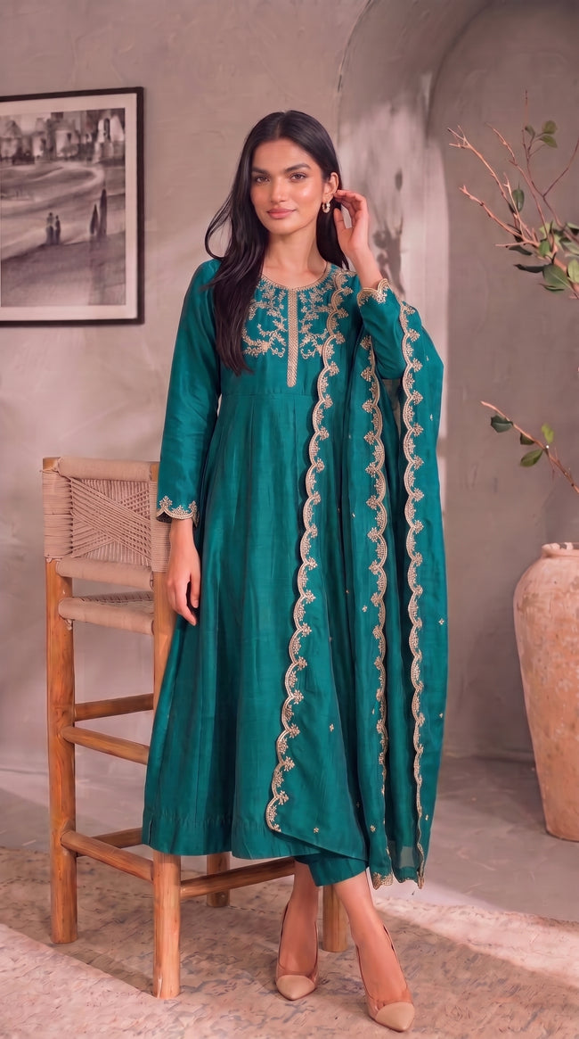 Teal Blue Gold Embroidery Silk Stitched Suit