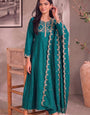 Teal Blue Gold Embroidery Silk Stitched Suit
