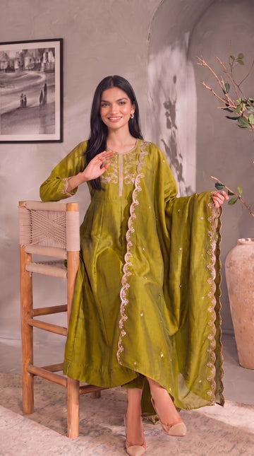 Olive Green Gold Embroidery Silk Stitched Suit