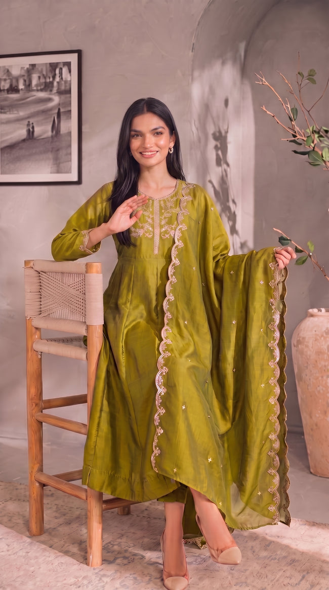 Olive Green Gold Embroidery Silk Stitched Suit