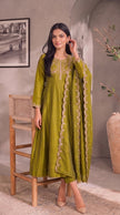 Olive Green Gold Embroidery Silk Stitched Suit