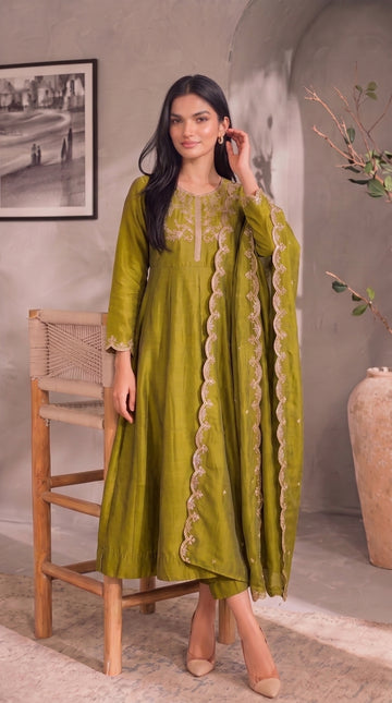 Olive Green Gold Embroidery Silk Stitched Suit