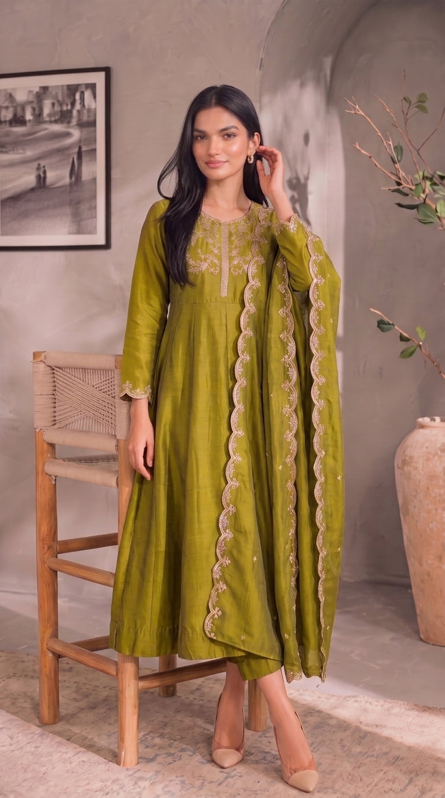 Olive Green Gold Embroidery Silk Stitched Suit
