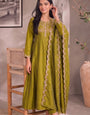 Olive Green Gold Embroidery Silk Stitched Suit