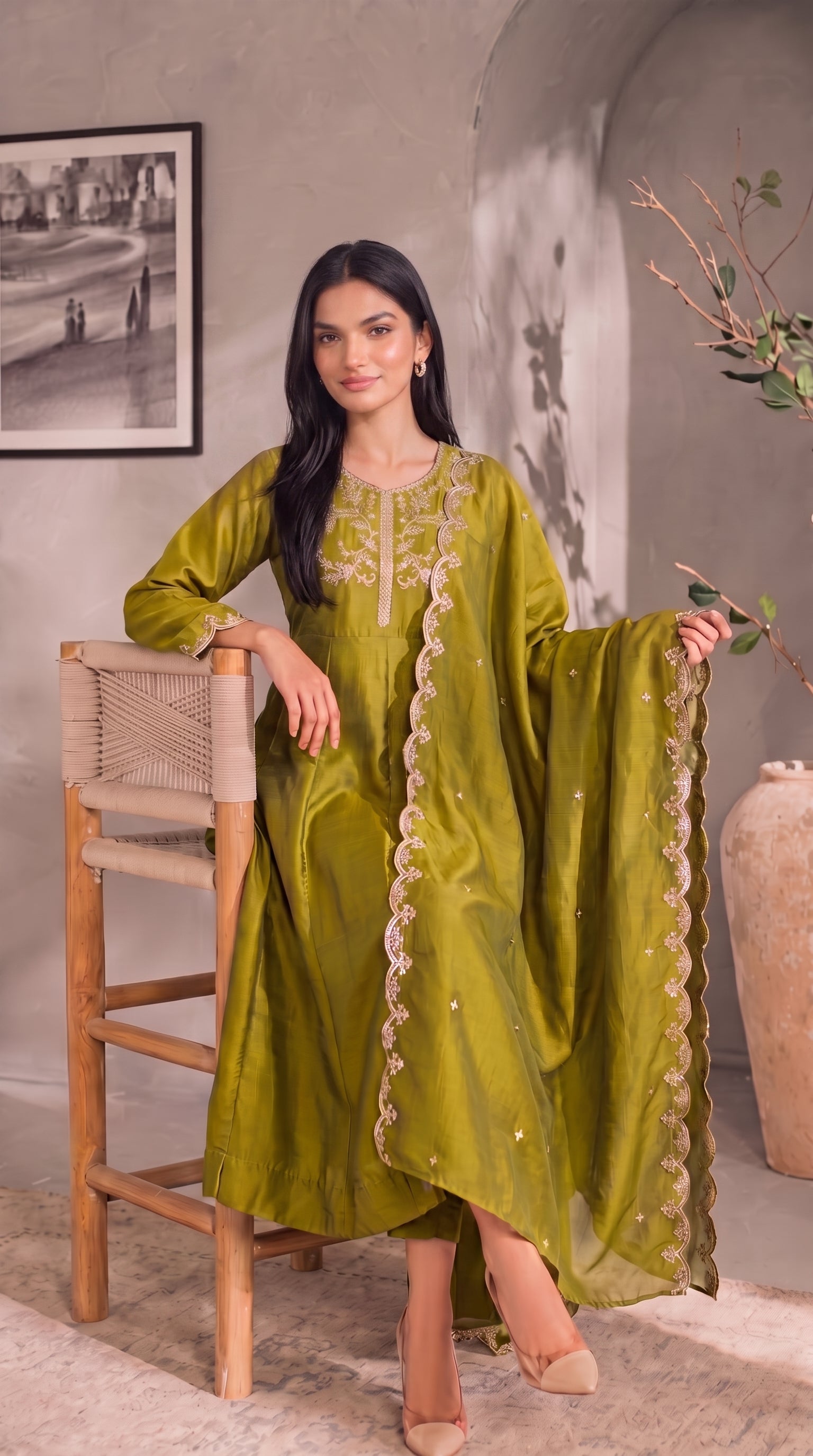 Olive Green Gold Embroidery Silk Stitched Suit