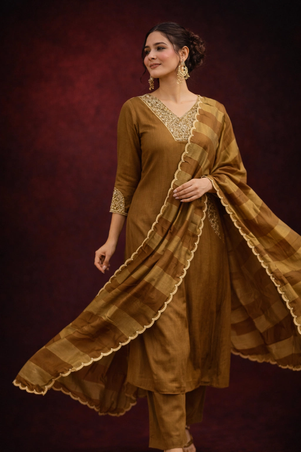 Olive Gold Jacquard Silk Stitched Suit Set