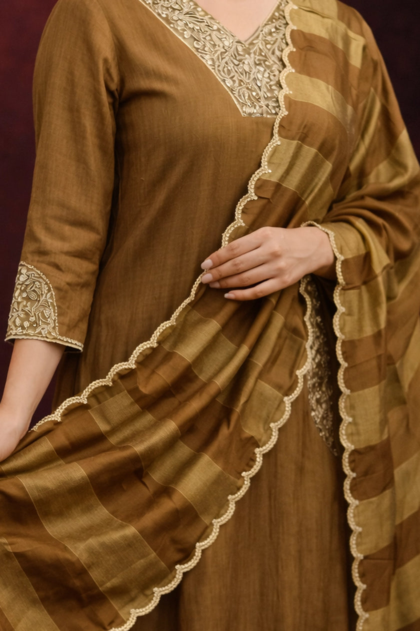Olive Gold Jacquard Silk Stitched Suit Set
