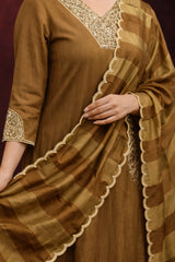 Olive Gold Jacquard Silk Stitched Suit Set