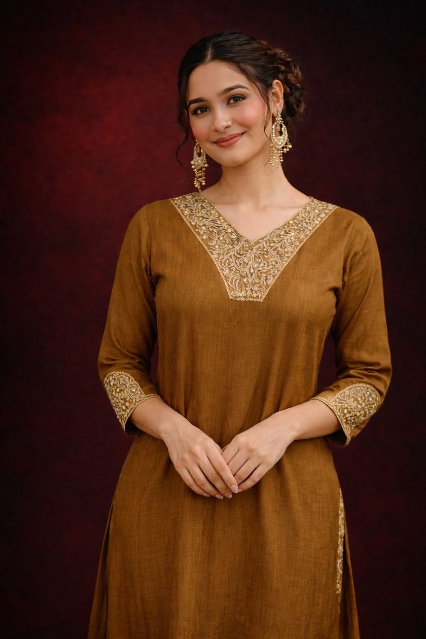 Olive Gold Jacquard Silk Stitched Suit Set