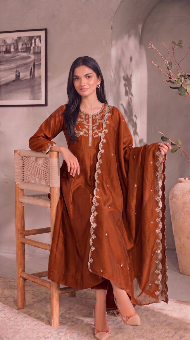 Peach Gold Embroidery Silk Stitched Suit