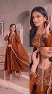 Peach Gold Embroidery Silk Stitched Suit