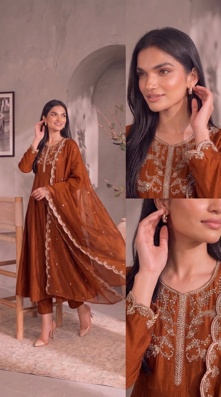 Peach Gold Embroidery Silk Stitched Suit
