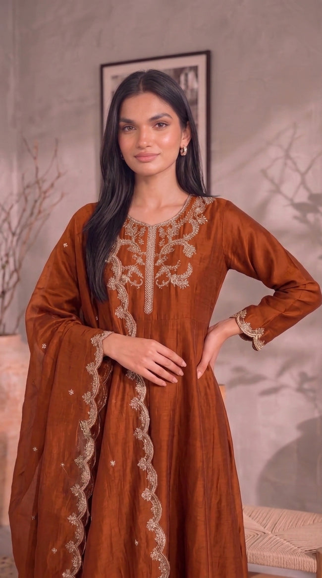 Peach Gold Embroidery Silk Stitched Suit