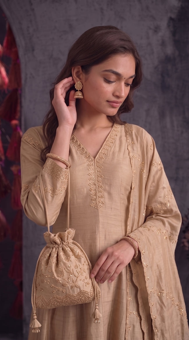 Beige Vichitra Silk Stitched Suit
