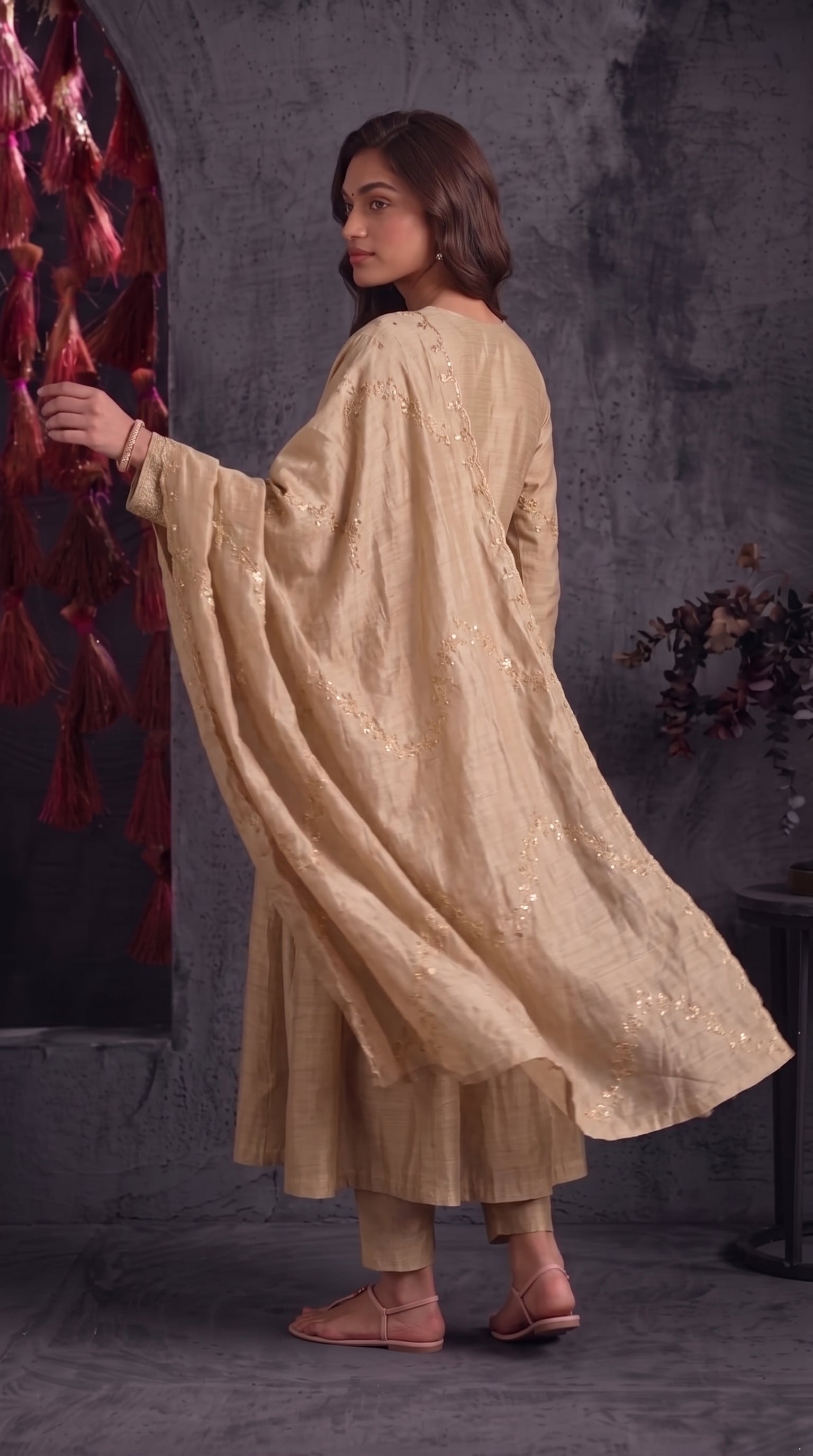 Beige Vichitra Silk Stitched Suit