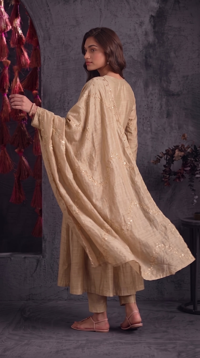 Beige Vichitra Silk Stitched Suit