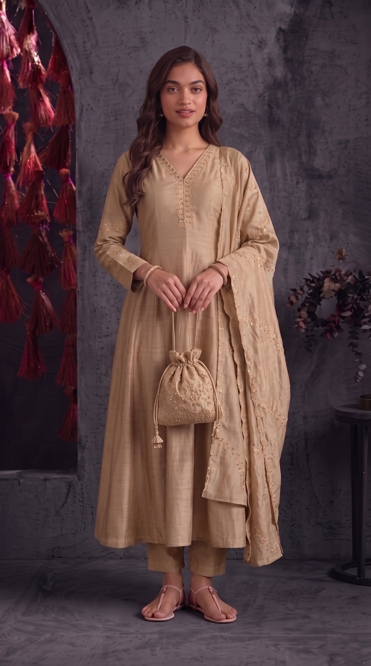 Beige Vichitra Silk Stitched Suit