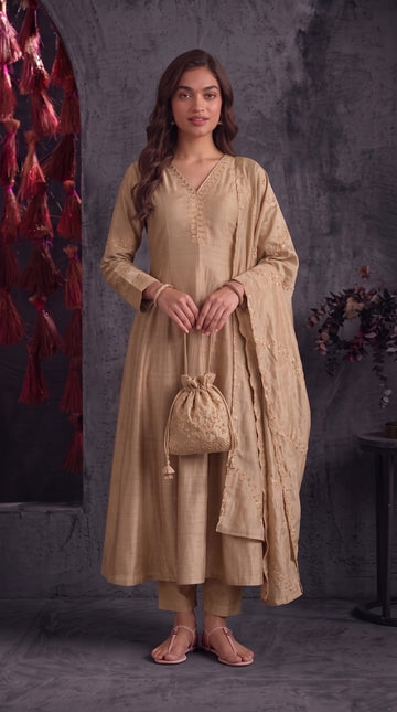Beige Vichitra Silk Stitched Suit
