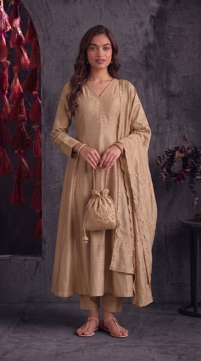 Beige Vichitra Silk Stitched Suit