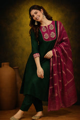 Emerald Green Silk Blend Embroidered Stitched Suit Set