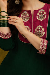 Emerald Green Silk Blend Embroidered Stitched Suit Set