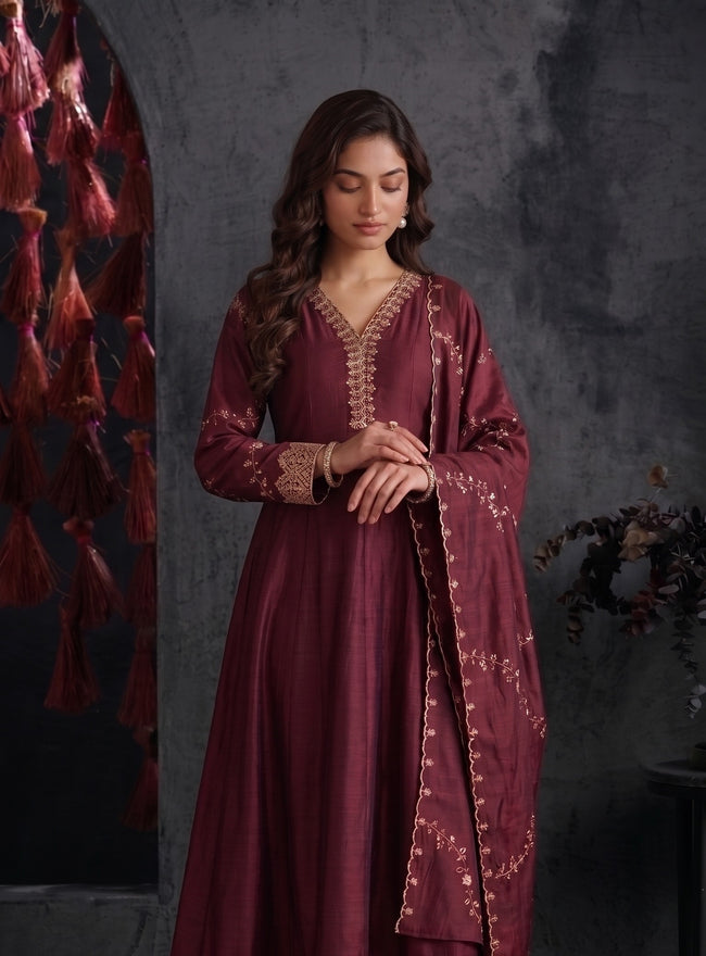 Wine Vichitra Silk Stitched Suit