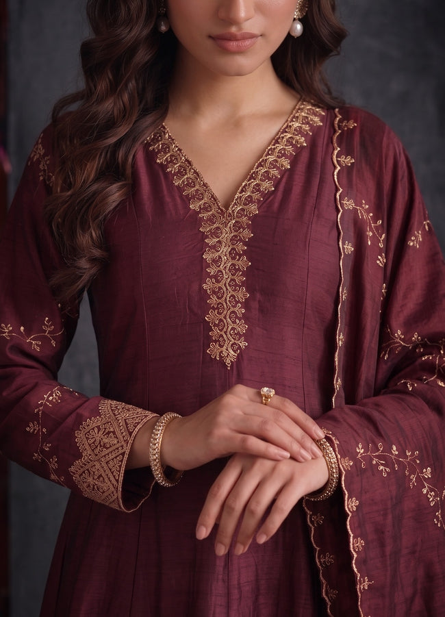 Wine Vichitra Silk Stitched Suit