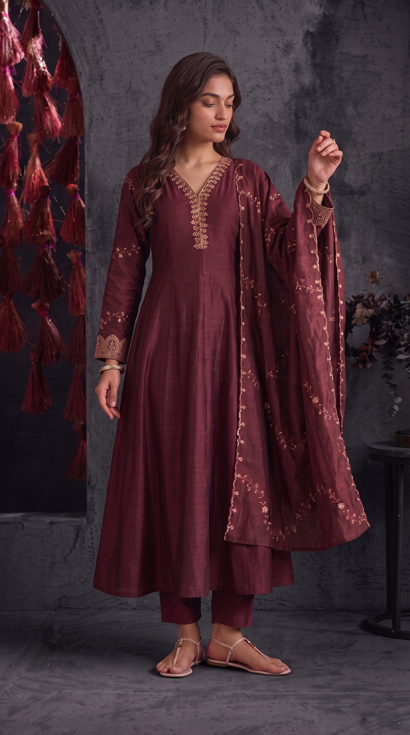 Wine Vichitra Silk Stitched Suit