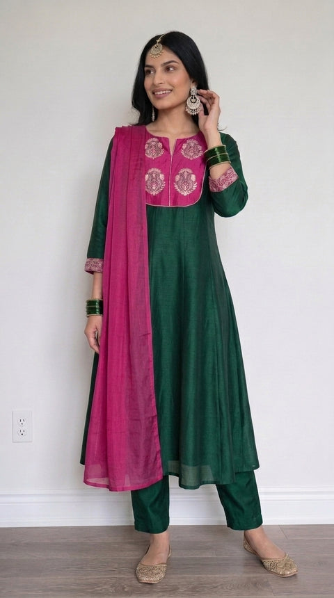 Emerald Green Silk Blend Embroidered Stitched Suit Set