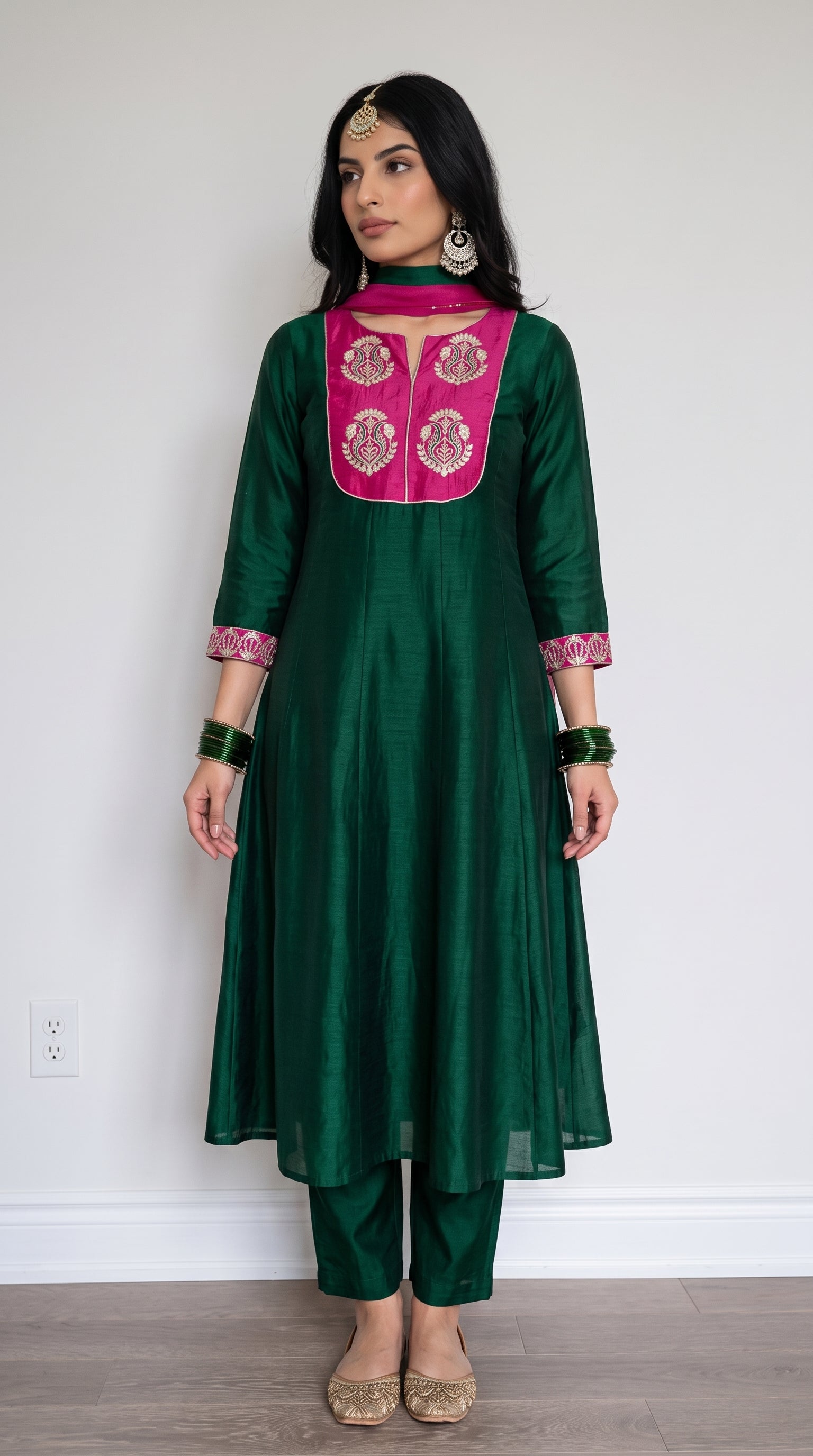 Emerald Green Silk Blend Embroidered Stitched Suit Set