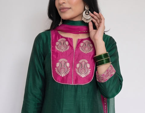 Emerald Green Silk Blend Embroidered Stitched Suit Set
