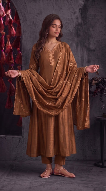 Brown Vichitra Silk Stitched Suit