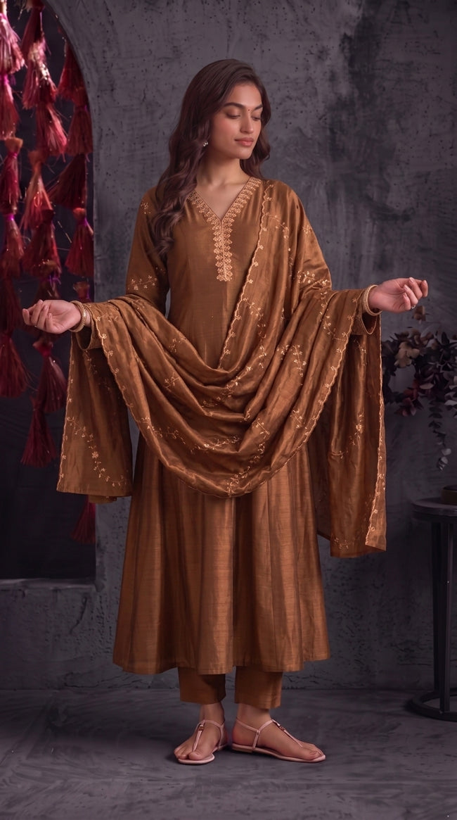 Brown Vichitra Silk Stitched Suit