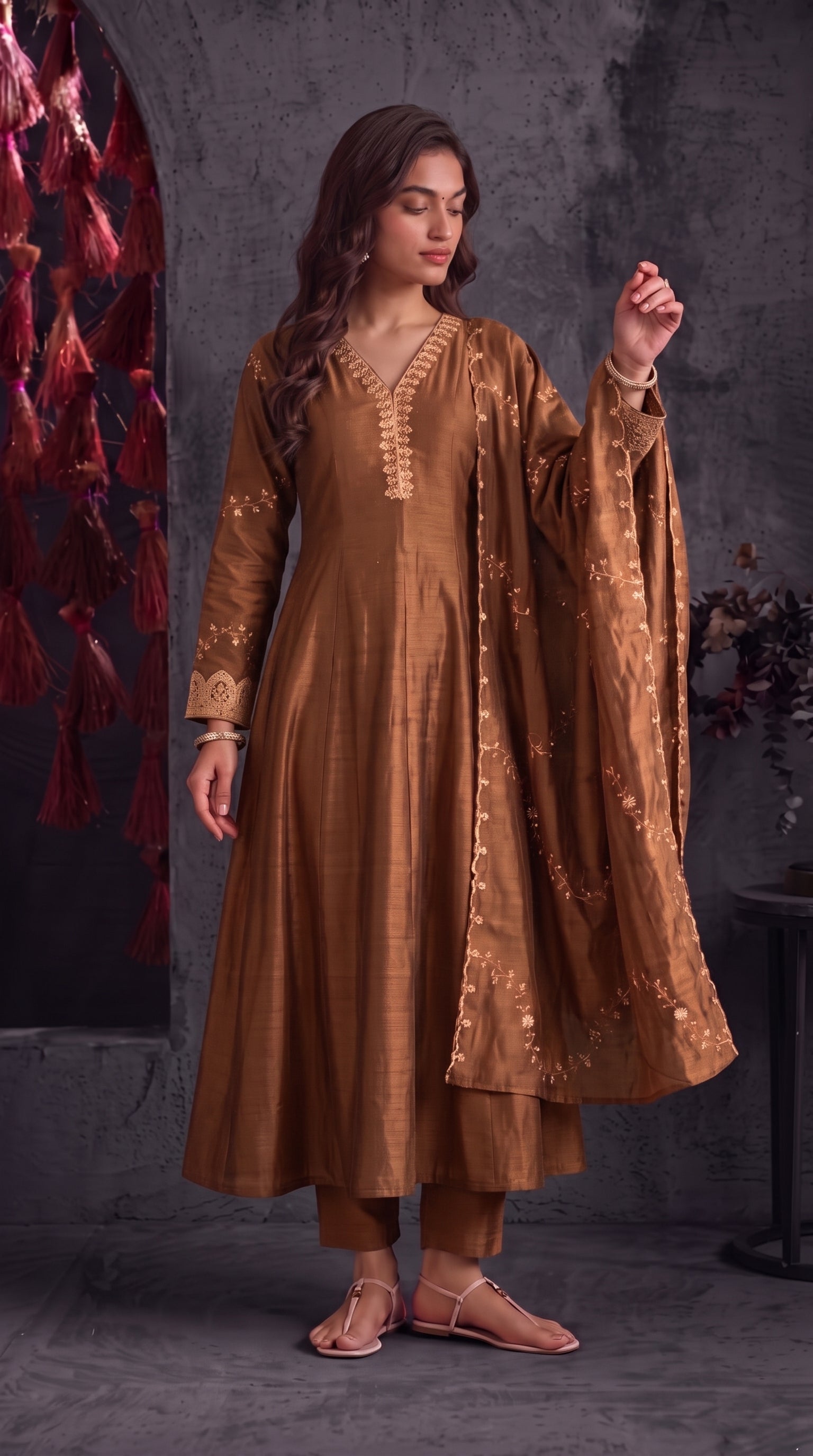 Brown Vichitra Silk Stitched Suit